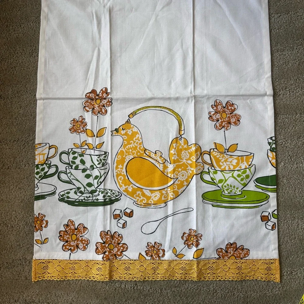 NEW Anthropologie 2 Cotton Tea Towels Bird Teapot Floral Mid Century Print